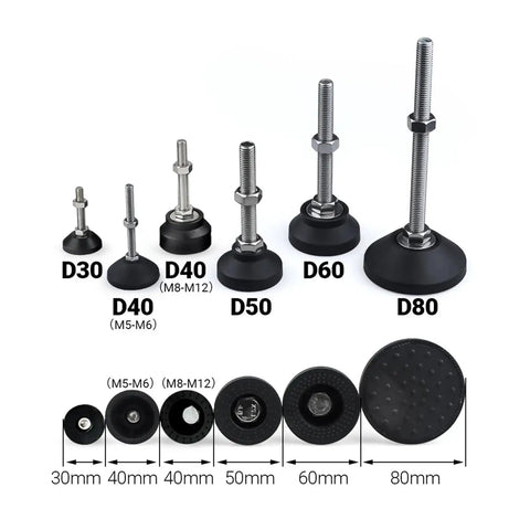 Top Notch 8 Piece Furniture Leveling Feet 40mm Adjustable Screw Base in various sizes and threaded designs for stability.