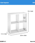 Open Back Four-Cube Storage Organizer In White, Sturdy Cube Shelving Unit, Dimensions Displayed, Fits 13-Inch Bins