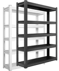 Killer 5 Tier Steel Storage Shelving Unit With Adjustable Metal Racks For Garage Warehouse And Basement Setup shown in matte black and white finish.