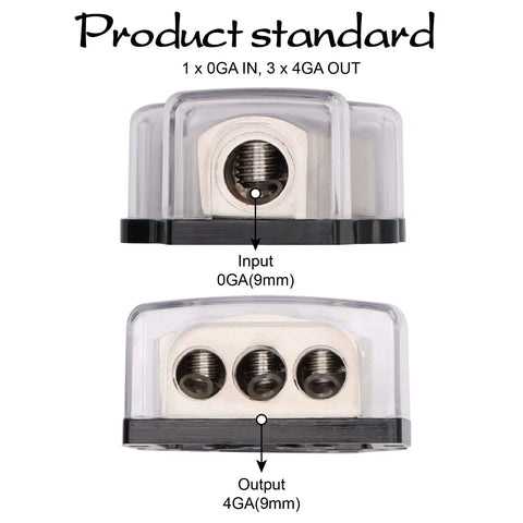 3 Way Car Power Distribution Block With One Zero Gauge In And 3x Four Gauge Out For Amp Grounding And Audio Wiring, Heavy Duty Car Audio Splitter, Easy Install For Strong Power And Clean Ground, 2 Pack. clear plastic 0GA to 3x4GA block