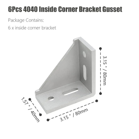 Six Pack 4040 Inside Corner Brackets Gusset for Aluminum Extrusion Silver L Shaped Connectors 80x80x40mm 8mm Slot