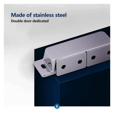 Push To Open Magnetic Cabinet Catches Two Pack Stainless Steel Heavy Duty Drawer Latches close-up showing silver finish and mounting holes.