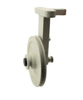Side view of Cutex speed reducer pulley assembly for sewing machines; white metal with 2-inch and 6-inch pulleys