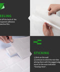 Hands peeling adhesive from Peel And Stick Backsplash Tile Set For Kitchen And Bath Self Adhesive Vinyl Subway Tiles Easy DIY No Mess No Fuss 12 Inch Square Tiles In A 10 Pack That Covers 1.4 Times More Area Than 10x10 Tiles.