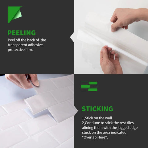 Hands peeling adhesive from Peel And Stick Backsplash Tile Set For Kitchen And Bath Self Adhesive Vinyl Subway Tiles Easy DIY No Mess No Fuss 12 Inch Square Tiles In A 10 Pack That Covers 1.4 Times More Area Than 10x10 Tiles.