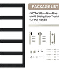 Built Like A Tank 36 By 84 Inch Glass Barn Door With Frosted Tempered Panes showing track kit and pull handle for installation.