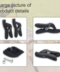 Hands Free Wheelbarrow Tool Holder For Aerocart And Wagon, Keeps Rake Shovel Pitchfork Secure, shown in four detailed images.