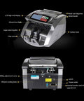 Heavy Duty Money Counter With Dead On Fake Bill Detection, showing LCD display, metal cash dispenser, and dual sensor system.