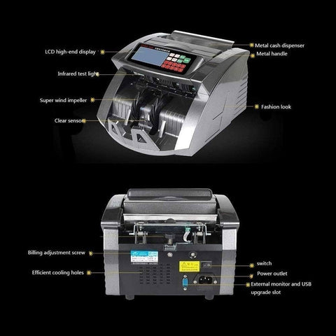 Heavy Duty Money Counter With Dead On Fake Bill Detection, showing LCD display, metal cash dispenser, and dual sensor system.