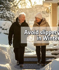 Elderly couple walking on snowy path with 6 Piece 8.5 Inch By 30 Inch Non Slip Stair Treads For Wooden Steps Traction For Elders And Pets.
