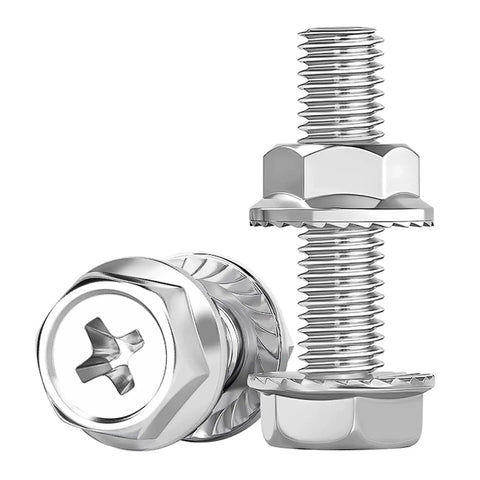 M6 Cross Flange Bolts And Nuts Kit With Toothed Lock Washers, Serrated Hex Head Screws, 304 Stainless Steel, two close-up view