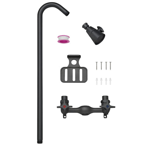 Outdoor Shower Kit With Soap Dish, Matte Black Finish, Corrosion And Rust Resistant components displayed together.