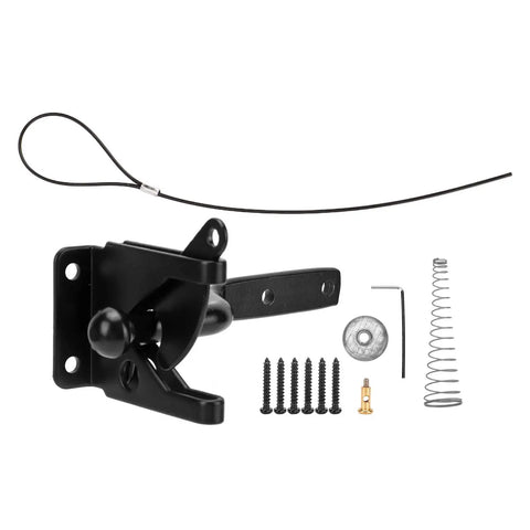 Aramox Carbon Steel Fence Latch with Spring Lock for gate including mounting screws and installation tools.