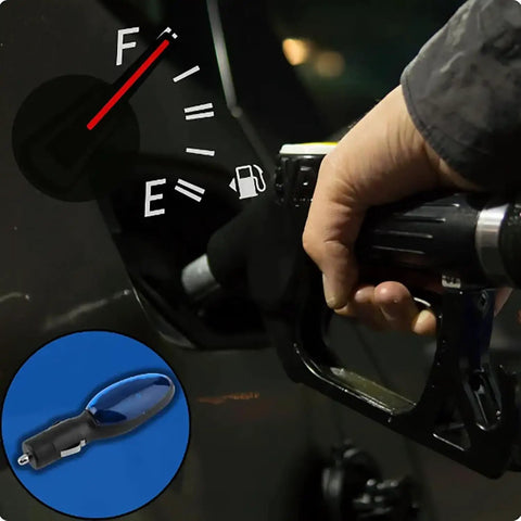 Person refueling car with fuel gauge icon, Universal Car Fuel Saver Device With Plug And Play Energy Economy Boost visible.
