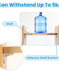 Clear Adhesive Shelf Brackets No Drill Support Pegs holding a water jug on a wooden shelf, demonstrating heavy duty grip.