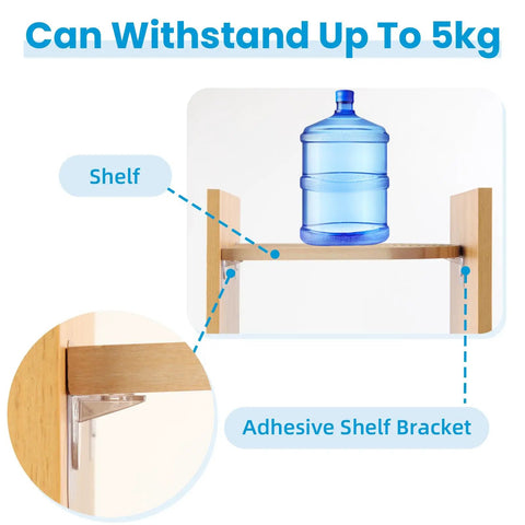 Clear Adhesive Shelf Brackets No Drill Support Pegs holding a water jug on a wooden shelf, demonstrating heavy duty grip.