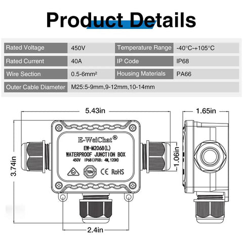 Outdoor IP68 Waterproof 3-Way Junction Box With M25 Coaxial Cable Entry Black UL Listed Fits 0.2-0.55 In Cables, 5.43in x 3.74in PA66
