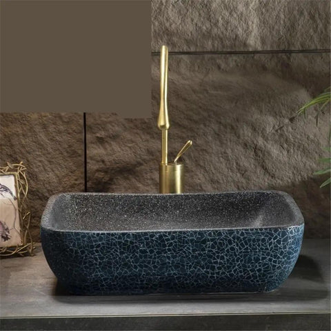 USZWBY Vessel Vanity Sink Chinese Style Countertop Wash Basin Hotel Ceramic Art Bathroom Sink 58X37X12Cm Modern Countertop with gold faucet.