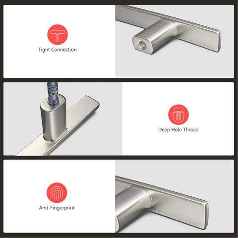 Close-up of 20 Pack Solid Zinc Alloy Cabinet Handles in Brushed Nickel showing tight connection, deep hole thread, anti-fingerprint.