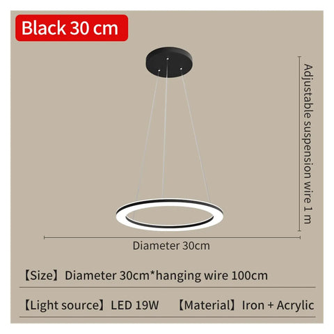 Kitchen LED s for Dining Room Modern Lights for Living Room Golden Circle Pendant Lights Home Design Lighting Indoor Black30cm size with adjustable wire.