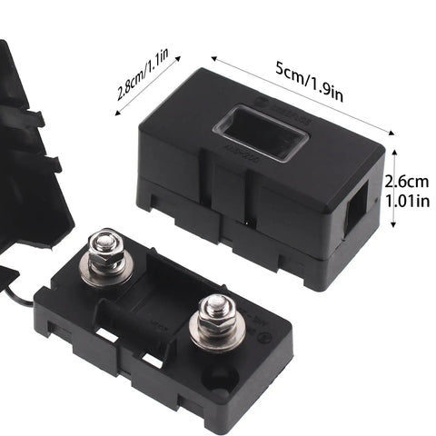 Built Like A Tank 20A AMI Midi Fuse Holder With Bolt On Mounting And Splash Proof Zinc Terminals For Cars Trucks And Rvs Pack Of Two showing detailed holder design and dimensions.