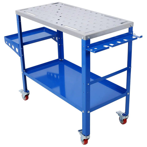 Beefy Welding Table 36 By 18 Inches Portable Steel Workbench 1200 Pound Load Capacity with blue frame and lockable caster wheels.