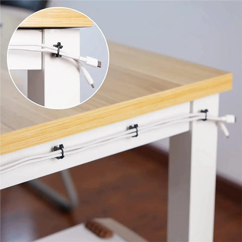 Heavy Duty Three Hundred Screw Mount Cable Ties And Straps Lock Down Every Pesky Wire For A Clean Home Office Setup That Handles The Daily Grind Quick And Easy with white cords mounted to a desk.