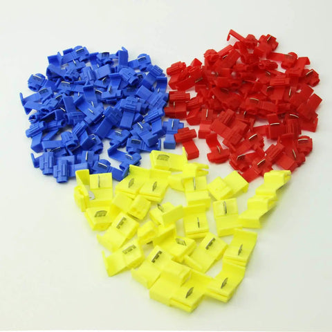 Easy Plug And Play Solderless Quick Splice Wire Connector Kit With Color Coded Clips; blue, red, yellow connectors on white background