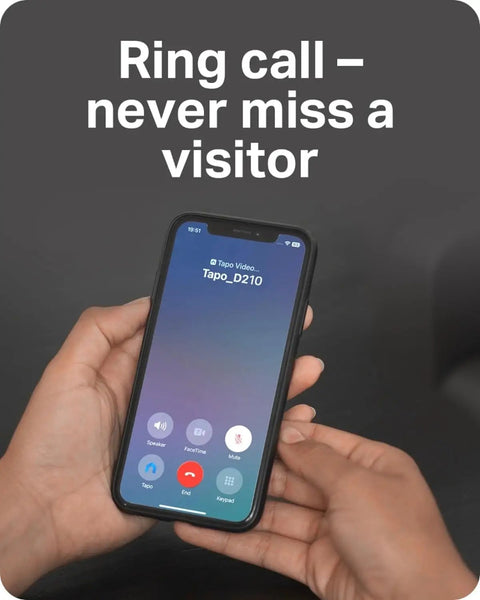 User holding smartphone with video call interface for Hella Crisp 2K Wireless Smart Video Doorbell With Built In Chime.