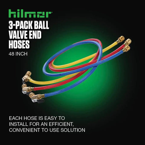 Heavy Duty Bronze Ball Valve Ends 3 Pack with multicolor hoses for HVAC R systems, 48 inches, easy installation, abrasion resistant.