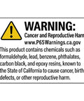 Warning label for cancer and reproductive harm with detailed chemical hazards information.