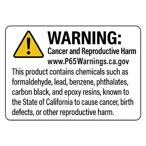 Warning label for cancer and reproductive harm with detailed chemical hazards information.