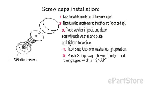 Screw caps installation guide with white inserts and chrome caps for Lock Down Your Rolling Rig With Stainless Steel License Plate Screws.