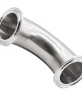 Stainless steel sanitary ferrule elbow, 90-degree, for 1.5 in tube OD, tri-clamp ends, polished finish.
