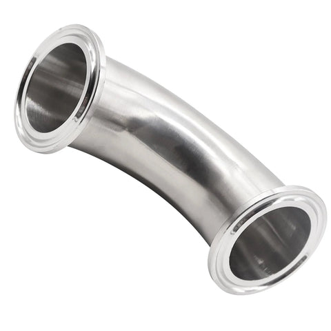 Stainless steel sanitary ferrule elbow, 90-degree, for 1.5 in tube OD, tri-clamp ends, polished finish.