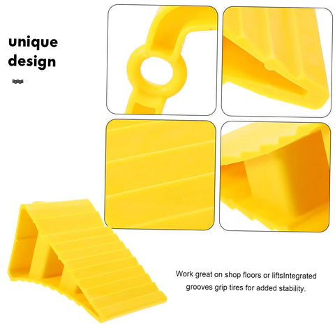 Close-up of 2 Pack Heavy Duty Rubber Wheel Chocks with unique design and grip grooves for secure vehicle blocking in garage.
