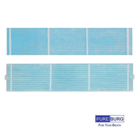 Four Pack MAC-415FT-E Replacement Filter for Mitsubishi MS-A09WA-1 Mini Split Indoor Unit, blue no-frame filter, top view.