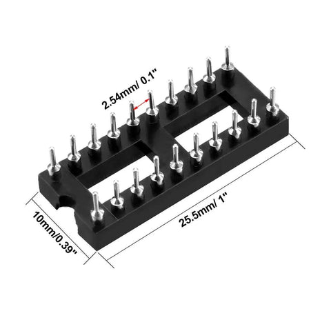 Close-up of 20-pin DIP IC Socket Adapter Kit For Through Hole Electronics 2.54mm Pitch, 7.6mm spacing, black plastic material.