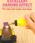 Hand using rotary tool with 60 Pack Grinding Stone Set With One Eighth Inch Shank for polishing a wooden object, text overlay "Excellent Sanding Effect"