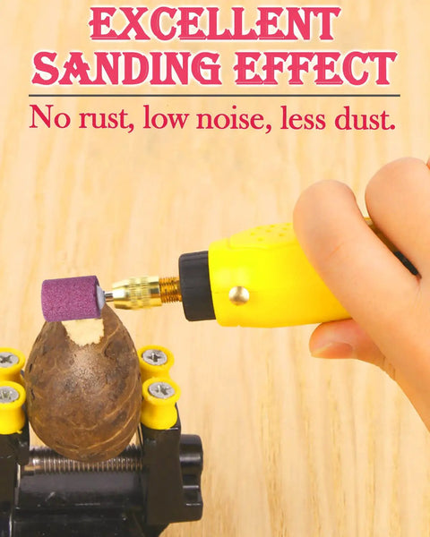 Hand using rotary tool with 60 Pack Grinding Stone Set With One Eighth Inch Shank for polishing a wooden object, text overlay "Excellent Sanding Effect"