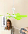 Ceiling Fan - 16.5in USB Hanging Fan with Remote 5 Soft Blades Quiet with green blades and remote control in use.