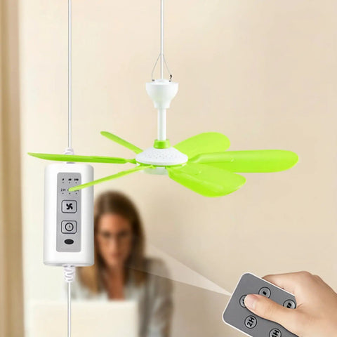 Ceiling Fan - 16.5in USB Hanging Fan with Remote 5 Soft Blades Quiet with green blades and remote control in use.