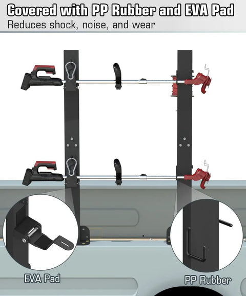 Two Place Weed Eater Rack For Open Trailer With Lockable Hasp showing PP Rubber and EVA Pad details