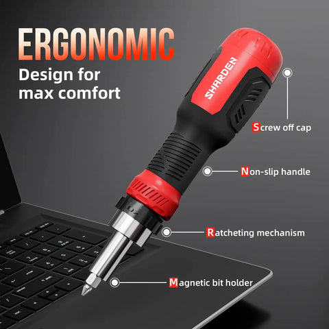 Ratcheting Screwdriver Set 26 In 1 With Double Ended CRV Bits Magnetic Demagnetizer showing ergonomic handle and features