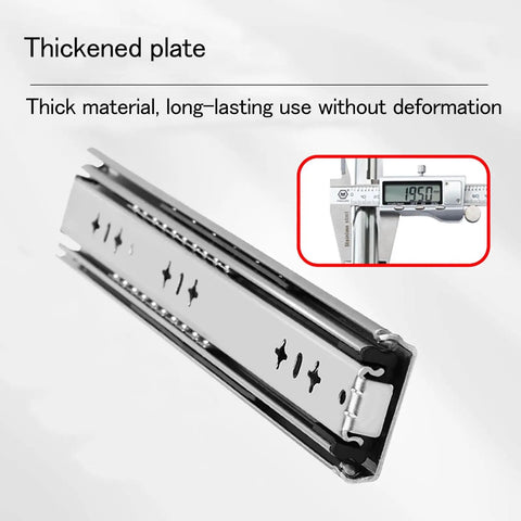 Heavy Duty Side Mount Drawer Slides Rock Solid Soft Close Tool Cabinet Glides Thick Cold Rolled Steel showing thickened plate design.