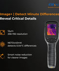 Pro Grade Thermal Imaging Camera With 256 By 192 IR Resolution Handheld Infrared Imager For Home Pros And HVAC Real Time Video 40mK Sensitivity 25 Hz Refresh Rate Thermal Leak Detector From Minus Four To 752 Degrees Fahrenheit, front view with display showing infrared image, specs on the side