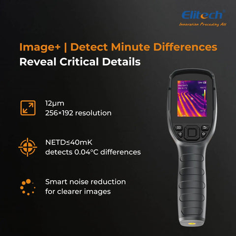 Pro Grade Thermal Imaging Camera With 256 By 192 IR Resolution Handheld Infrared Imager For Home Pros And HVAC Real Time Video 40mK Sensitivity 25 Hz Refresh Rate Thermal Leak Detector From Minus Four To 752 Degrees Fahrenheit, front view with display showing infrared image, specs on the side