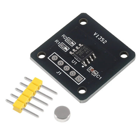 Two Pack MT6701 Magnetic Encoder Module For Angle Measurement with components, black circuit board, pins, magnet, and chip.