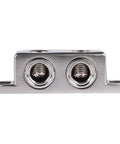 Beefy Ground Termination Block With Highly Conductive Zinc Alloy Three Mounting Points Two Five Millimeter Hex Set Screws And Two Reducers From One Zero To Four Gauge For Auto Audio System Wiring, front view