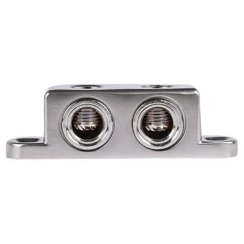 Beefy Ground Termination Block With Highly Conductive Zinc Alloy Three Mounting Points Two Five Millimeter Hex Set Screws And Two Reducers From One Zero To Four Gauge For Auto Audio System Wiring, front view